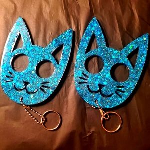 2 Piece Cat Shaped Self Defense Keychains Mermaid Blue Chunky Glitter